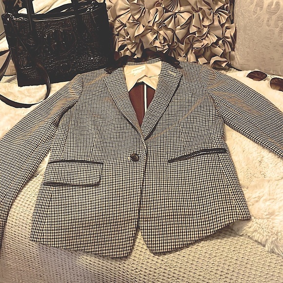 Club Monaco Plaid Checked Neutral Leather Collar Trim Blazer Jacket Sz 6